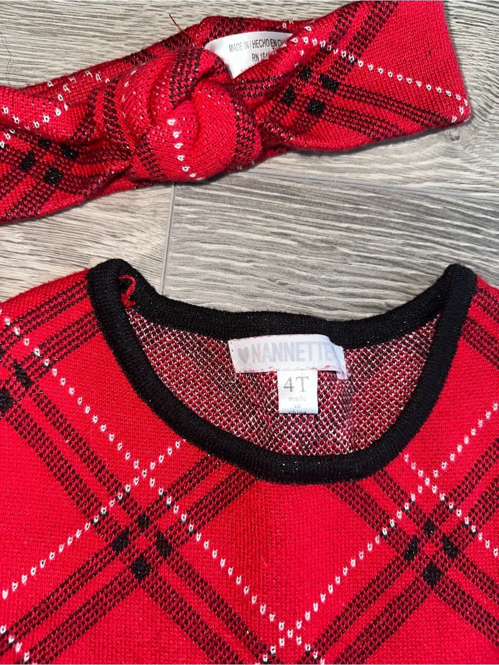 Nannette Girls Holiday Dress headband wrap 4T red black white plaid